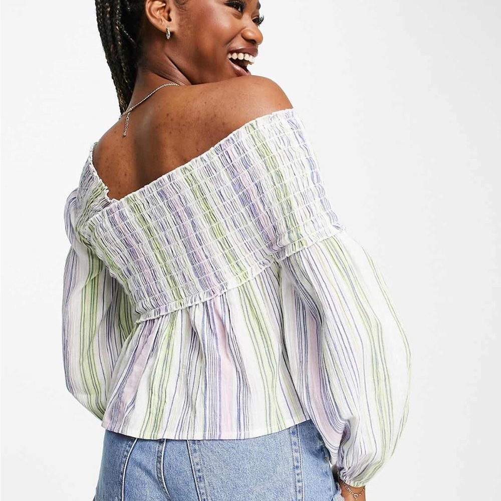 ASOS DESIGN off the shoulder top, shirring & volume sleeve,pastel stripe,Size 10